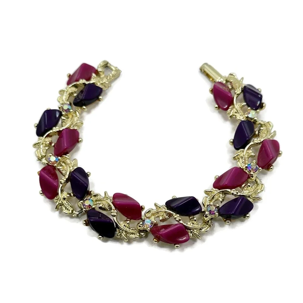 Vintage Thermoset Lucite Bracelet: Pink, Purple, AB Rhinestones, Gold Tone